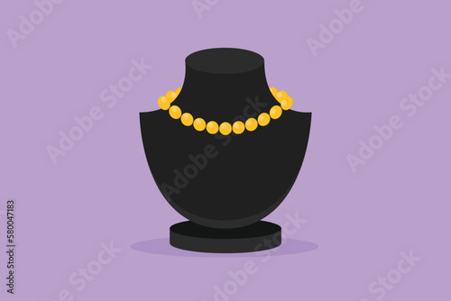 Cartoon flat style drawing female bust mannequin with necklace. Black neck model rack with collar of pearls. Ladies holder jewelry, bijouterie. Jewelry bust concept. Graphic design vector illustration