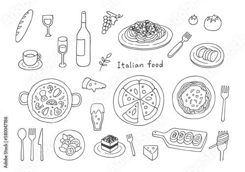 イタリアン料理の手描きイラストセット（モノクロ）
