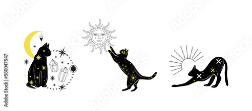 Magic black cat. Set of mystical illustrations with celestial elements. Stars  moon  sun  crystals. Sticker  banner  background design. Halloween. Wizard witch symbols.