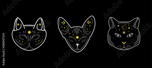 Magic black cat heads. Set of mystical illustrations with celestial elements. Stars, moon, sun, crystals. Sticker, banner, T-shirt print design. Halloween. Wizard witch cats.