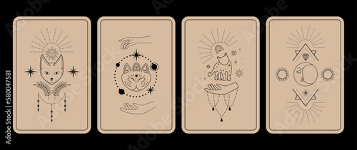 Magic witch tarot cards. Black cat, celestial symbols, hands. Mistycal esoteric symbols. Halloween.