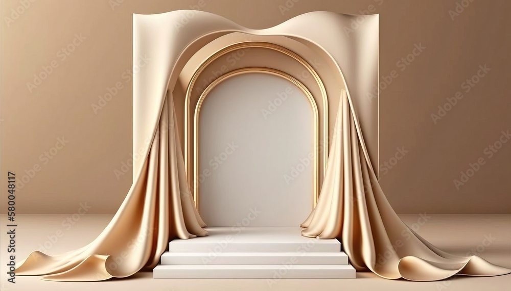 3D background. Beige podium, display mockup. Silk cloth in motion. Gold arch frame for Beauty, product, cosmetic presentation 3D background. Beige podium, display mockup. Silk cloth in motion. Gold arch frame for Beauty, product, cosmetic presentation