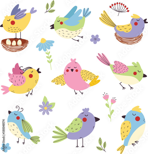 Set of beautiful and colorful birds. A spring bird in the nest. The bird flies. Vector birds for postcards and T-shirts © Anna Yakushenko