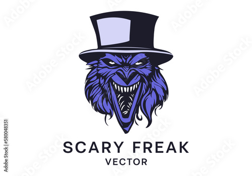 Vector scary hairy blue freak in a top hat and with an open toothy maw. Logo, sticker or emblem. White isolated background.