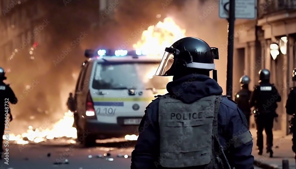 Riots police against in the street - Ai generative Riots police against in the street - Ai generative