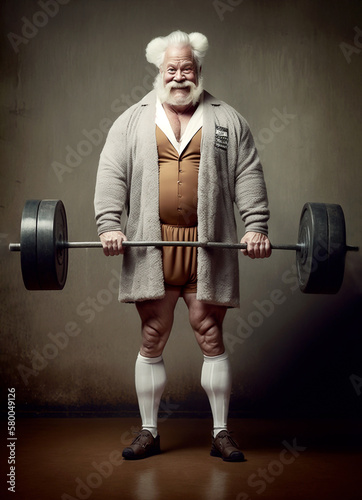 Elderly smiling man weightlifter lifting a very heavy barbell - AI generative
