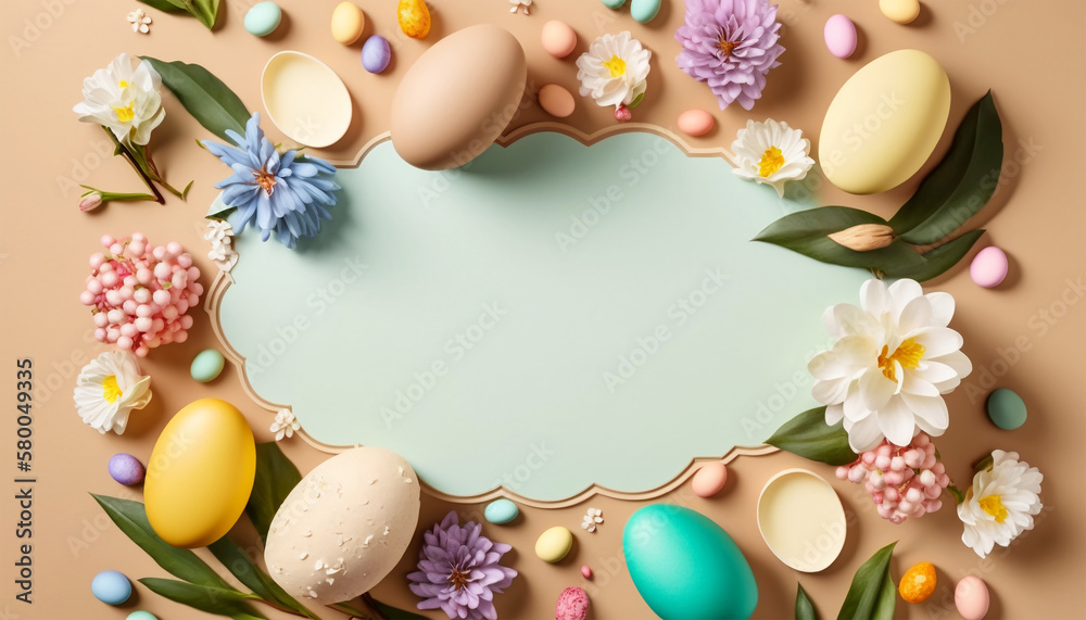 Top view beige backgrond with colorful easter eggs and flowers with copyspace. Generative AI. Top view beige backgrond with colorful easter eggs and flowers with copyspace. Generative AI.