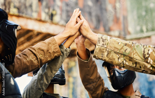 Fotografija Motivation, paintball team or hands high five on a mission, friends or soldier training on war battlefield