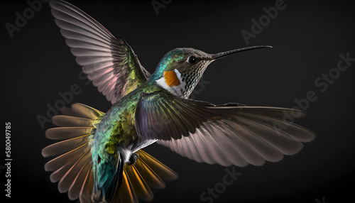 hummingbird flying, isolated black background, generative ai