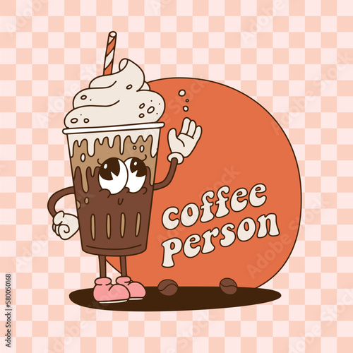 Groovy retro cartoon coffee person banner template. 70s vintage coffee mascot in plastic or glass cup with cream. Vector contour illustration. Cool funny dude in 60s nostalgic style