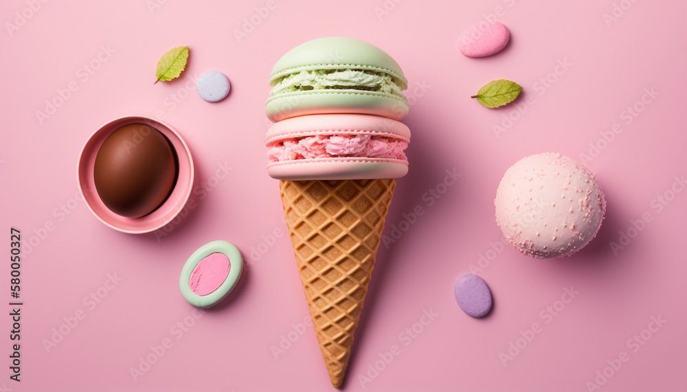 ice cream and macaroons on a light pink background. Generative AI ice cream and macaroons on a light pink background. Generative AI