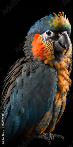 parrot, macro photo, isolated black background, generative ai