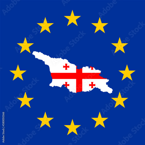 Map of Georgia in the colors of the national Georgian flag in the center of the stars against the background of the flag of the European Union. The concept of relationship between EU and Georgia.