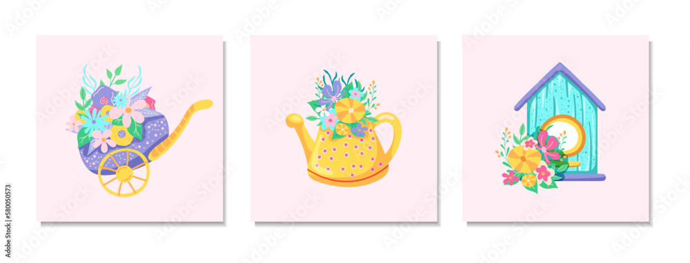 Set of cover templates for greeting flower cards with flowers, birdhouse and watering can in flat minimal style. Holiday cartoon design. Vector illustration. 