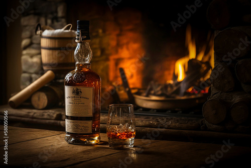 a glass of whisky in the background a blurry bottle and an oak barrel