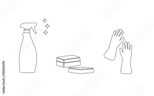 Spray for windows washcloth gloves, window cleaning kit, spring cleaning. Linear art. vector. Cleaning kit, outline icons set vector illustration. Vector on white background.
