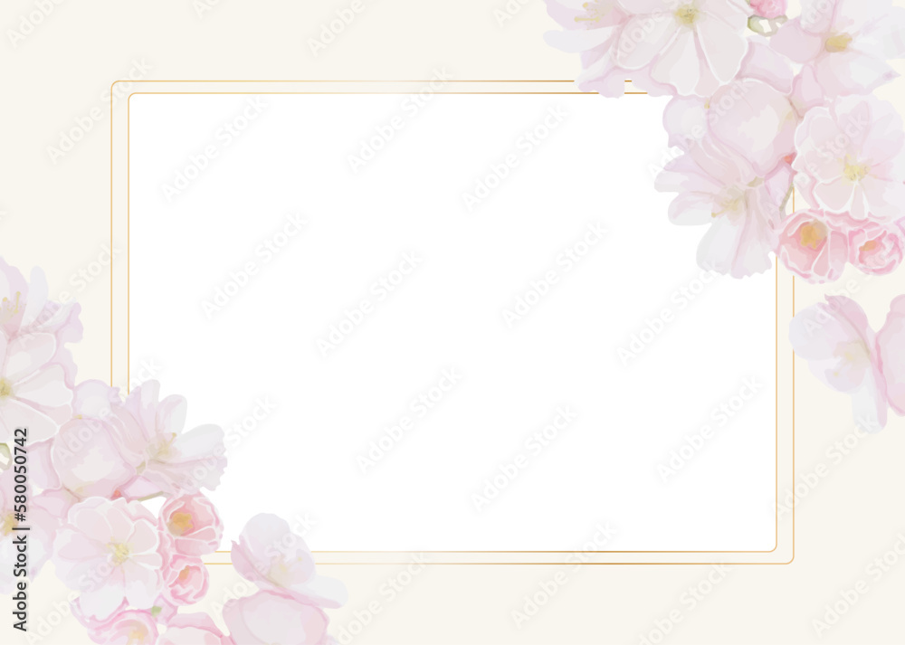 watercolor flower frame made of gold with realistic pink peach cherry flowers. Template design element for greeting card, wedding invitation, birthday, celebration, banner, poster.  