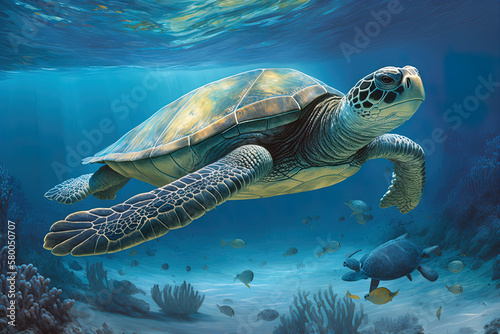 Majestic Sea Turtle Illustration in Watercolor Style