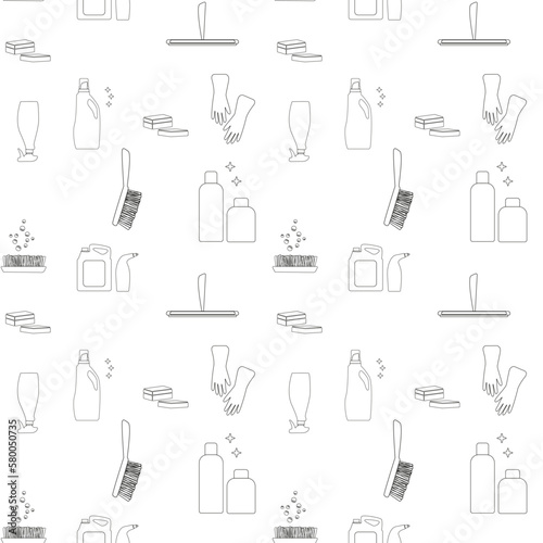Maid service icons pattern. Housework, cleaning seamless background. Seamless pattern vector illustration. Set of vector design elements for spring cleaning outline.