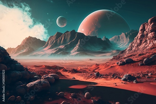 Landscape of unknown red planet surface with craters and mountains with satellites in the sky. Fantasy world. Created with generative ai.