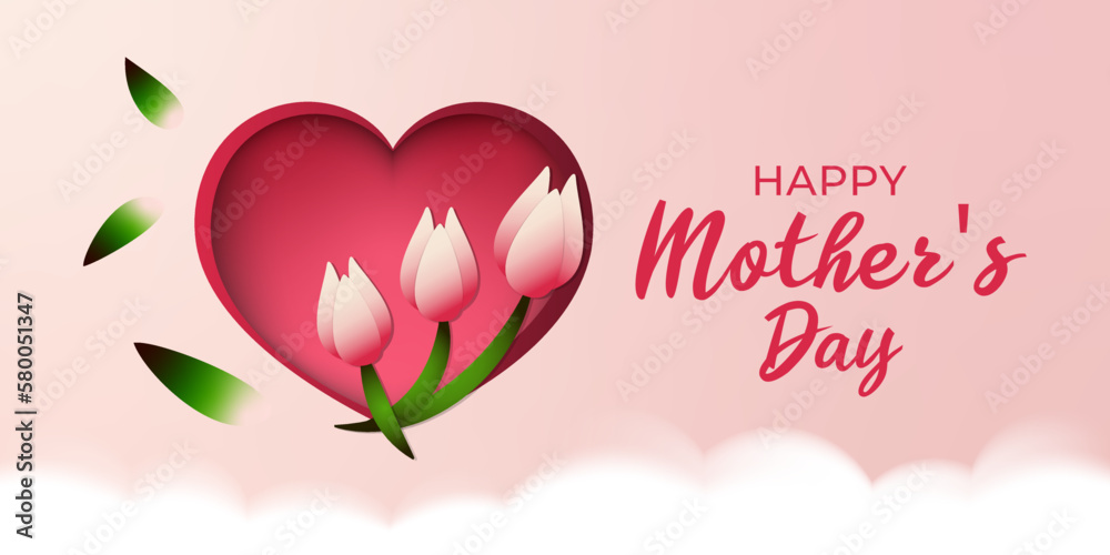 Happy mother’s day greeting template, tulips and heart with clouds for banner, print and web