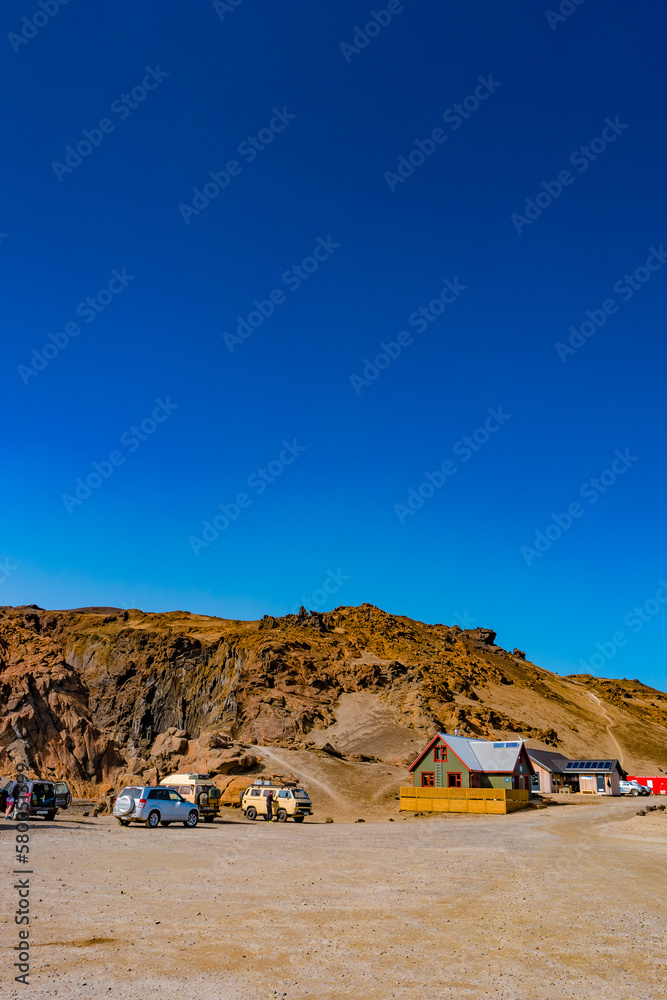 Askja, Iceland – Mountain Hut and camping ground called Dreki and Icelandic Moon like landscape near colorful volcanic caldera Askja, in the middle of volcanic desert in Highlands