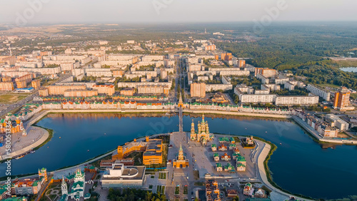 Yoshkar-Ola  Russia. City center during sunset. Embankment of the river Malaya Kokshaga  Aerial View