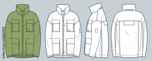 Unisex Jacket technical fashion illustration. Parka Jacket fashion flat technical drawing template, zip-up, multi pockets, front, side, back view, white, green, women, men, unisex CAD mockup set