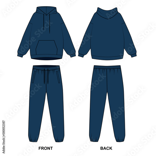 Vector drawing of a fashionable tracksuit in blue. Front pocket sketch hoodie, joggers, front and back view. Template sweatshirt with a hood and sweatpants with a drawstring.