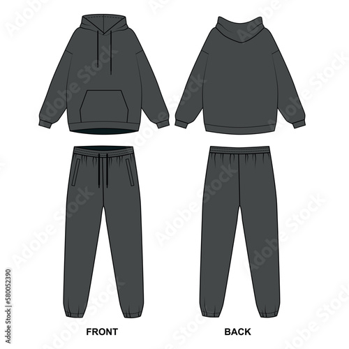 Gray tracksuit sketch. Vector drawing of hoodie with front pocket, joggers, front and back view. Template of a sports sweatshirt with a hood and sweatpants.