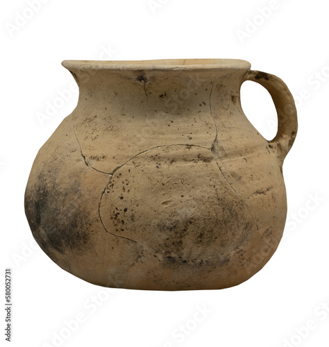 Ancient clay jug on white isolated