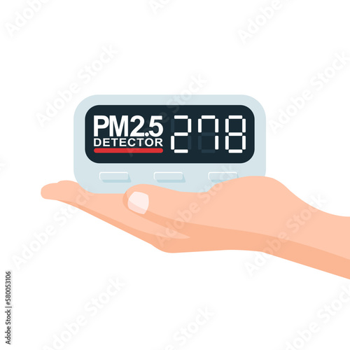 Unhealthy PM 2.5 Air pollution quality monitor device on hand isolated on white background. Vector illustration cartoon flat design.