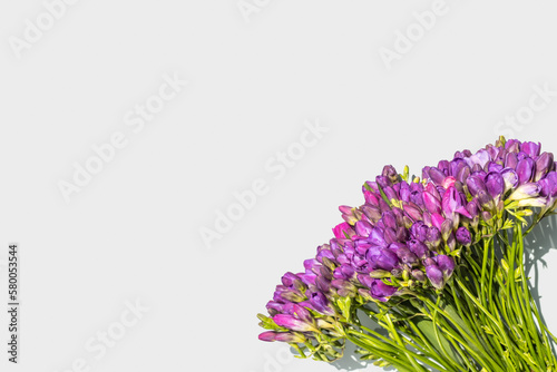 Graceful composition of spring flowers. Bouquet of beautiful flowers for holidays and cards: Valentine's Day, Easter, Birthday, Women's Day, Mother's Day. Top view, isolated, copy space