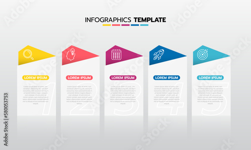 Business infographic template process with simple geometry square, rectangle, circle, triangle, curves in flat design template with thin line icons and 5 options or steps. Vector illustration.