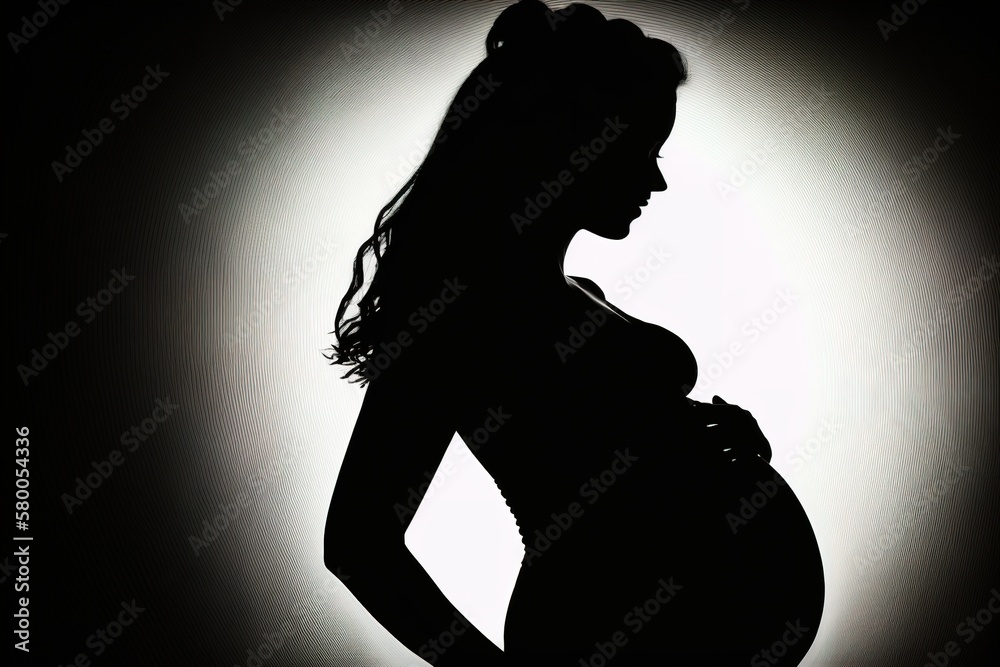 Shadow silhouette of a pregnant woman. Dark background with copy space. Generative Ai illustration Shadow silhouette of a pregnant woman. Dark background with copy space. Generative Ai illustration
