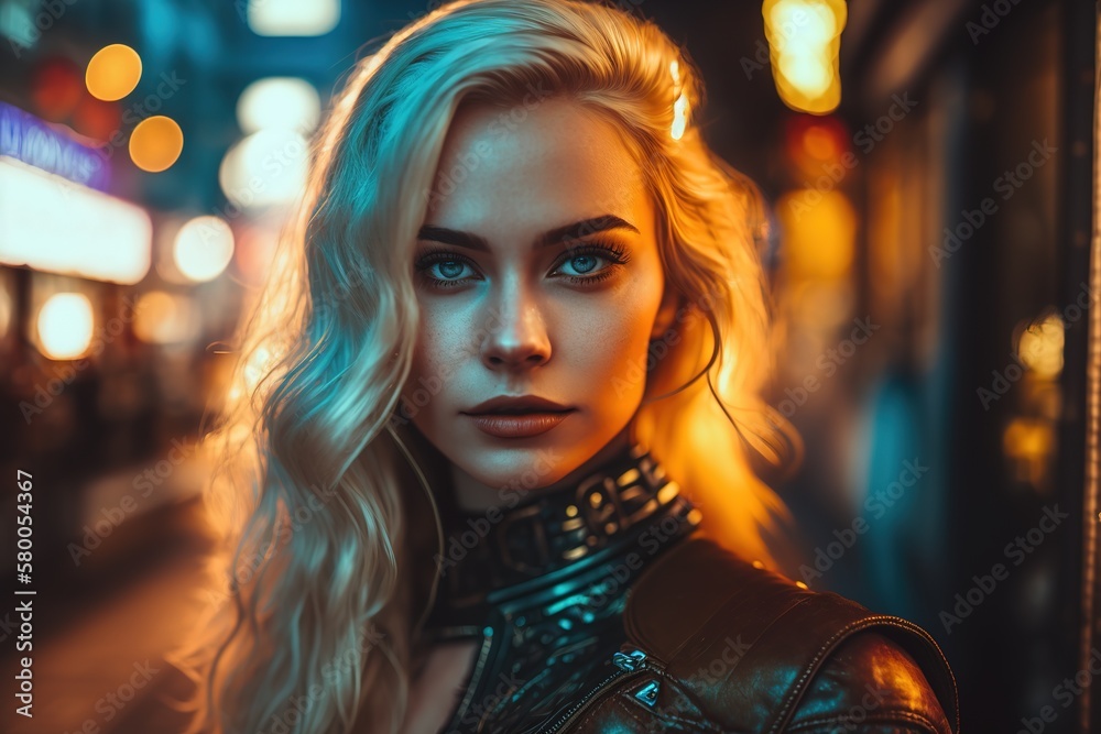 Beautiful blonde woman wearing leather jacket at night in the city street. Bokeh city lights as background. Generative Ai illustration Beautiful blonde woman wearing leather jacket at night in the city street. Bokeh city lights as background. Generative Ai illustration