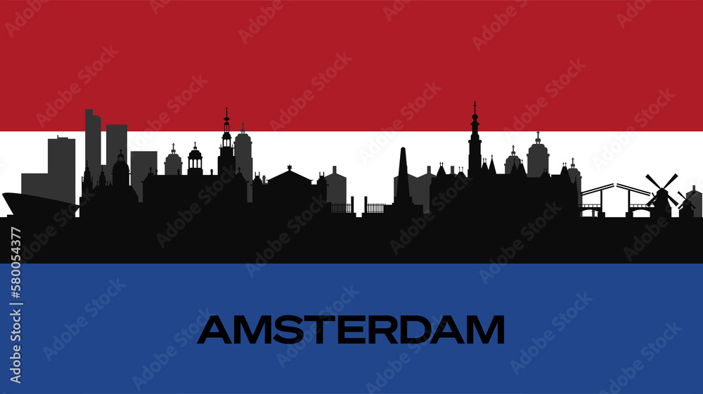 Vector silhouette of important buildings of the city on the Dutch flag. The silhouette of Amsterdam's famous buildings. Stock Photo