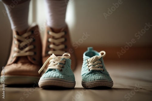 Close up shot of light blue baby booties and girl shoes. New baby brother coming. Generative Ai illustration