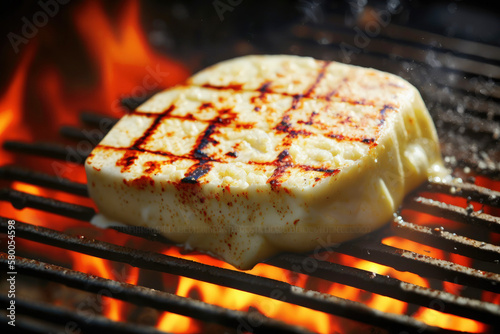 Bbq, grilled halloumi cheese on grill grate with fire. Close-up view. Created with Generative AI technology.