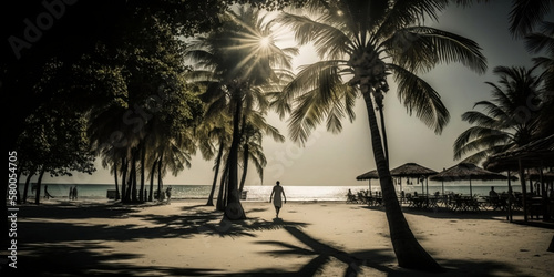 Beautiful tropical beach banner. White sand and coco palms travel tourism wide panorama background  backlight