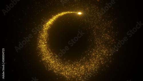 Bright flying sparks of particles, spinning in a circle, follow the flashing star.