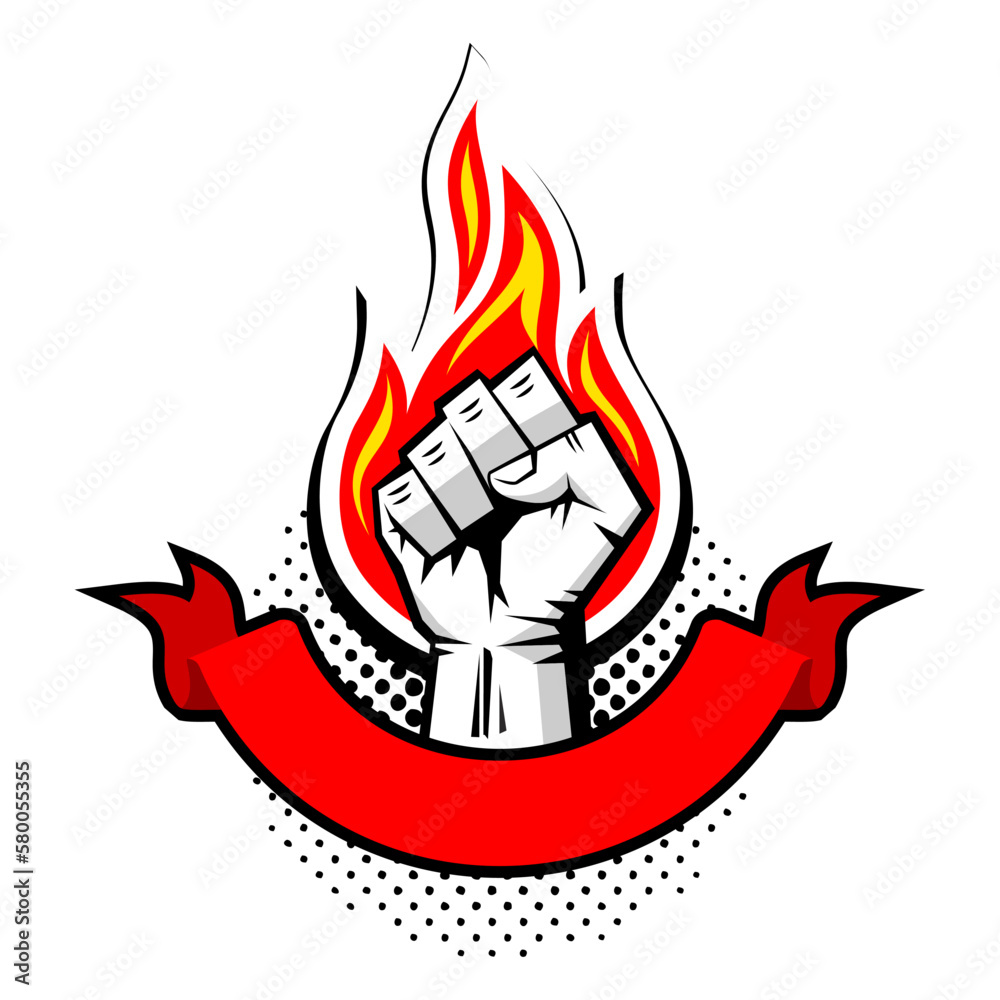 Φωτογραφία Silhouette of clenched fist of raised hand against the background of  flame