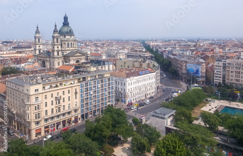 Budapest, Hungary - 15.05.2015: Aerial shot of Budapest city center with St.Stephen's basilica on the left. Shot from Ferris Wheel of Budapest.