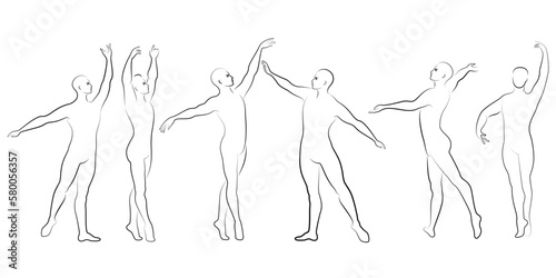 Collection. Silhouette of a slim guy, male ballet dancer. The artist has a beautiful slim figure, strong body. The man is dancing. Vector illustration set