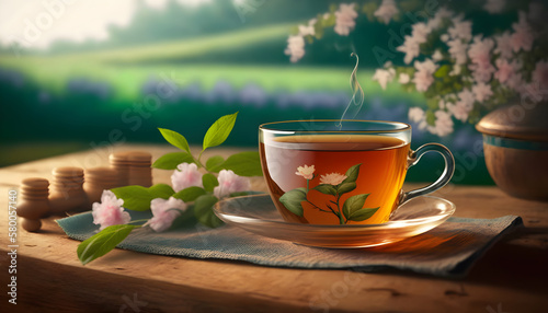 cup of tea with flowers of spring - Ai Generative