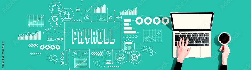 Payroll theme with person using a laptop computer Payroll theme with person using a laptop computer