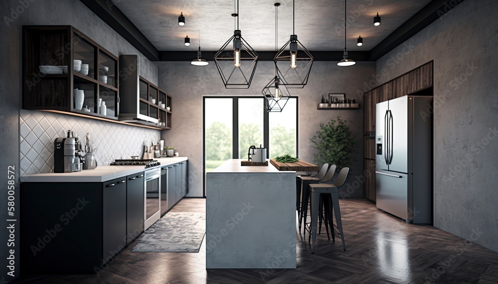 Dining room loft in industrial style, Generative AI Dining room loft in industrial style, Generative AI
