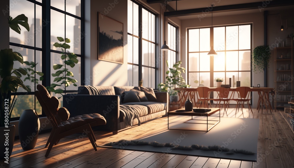 Illustration of modern light apartment with big windows Illustration of modern light apartment with big windows