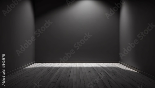 Empty light dark wall with beautiful chiaroscuro and wooden floor. Minimalist background for product presentation  mock up