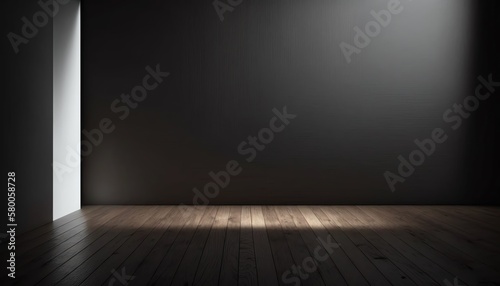 Empty light dark wall with beautiful chiaroscuro and wooden floor. Minimalist background for product presentation, mock up © Damien